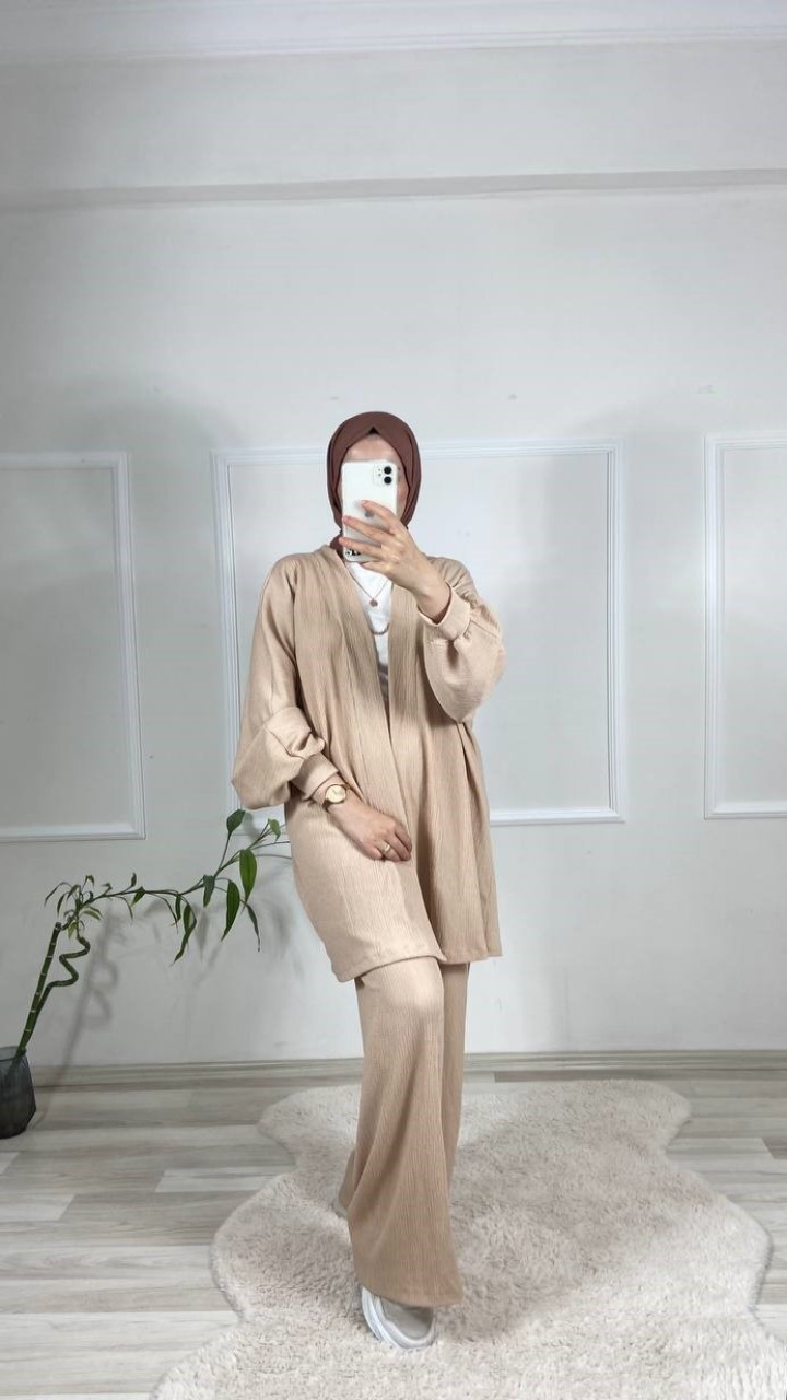 Gofre Kimono Takım-Ekru