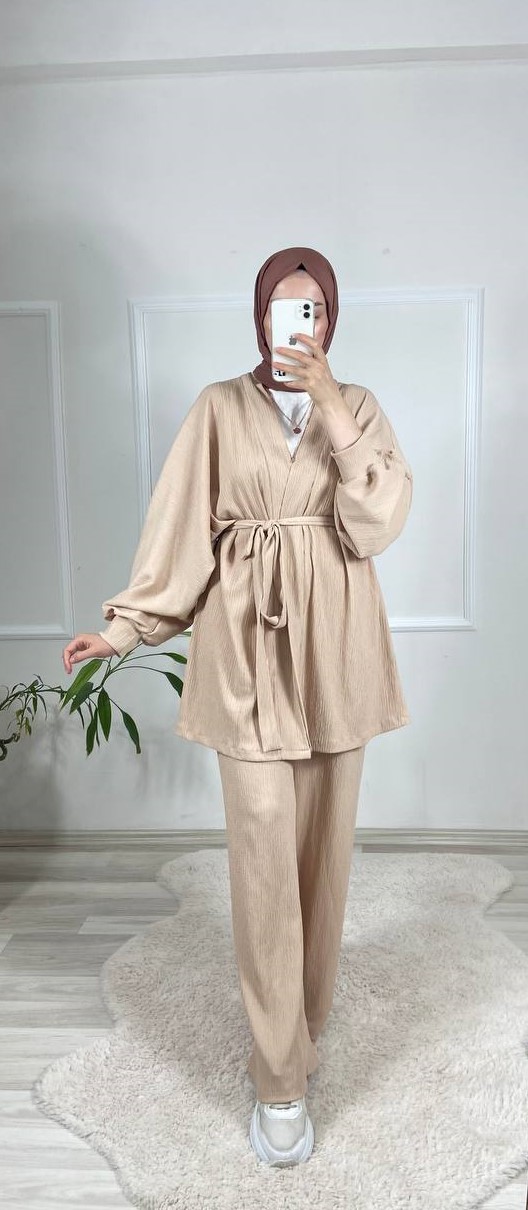 Gofre Kimono Takım-Ekru - Görsel 3