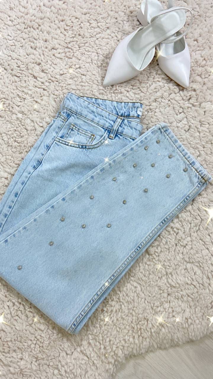 taşlı mom jean buz mavi