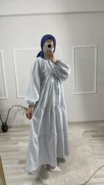 Gofre Çizgili Elbise Mavi