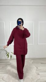 Yakası Fermuarlı Triko Takım-Bordo