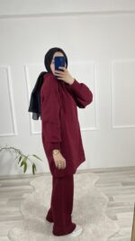 Yakası Fermuarlı Triko Takım-Bordo - Görsel 2