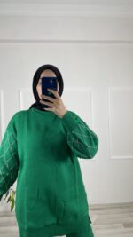 Kolu Sim ve Gri Boncuk Detaylı Triko Takım-Benetton Yeşili - Görsel 2