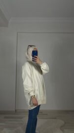 Düğmeli Sweat Oversize - Ekru - Görsel 4