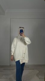 Düğmeli Sweat Oversize - Ekru - Görsel 3