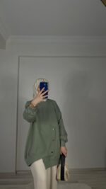 Düğmeli Sweat Oversize - Çağla Yeşili - Görsel 4