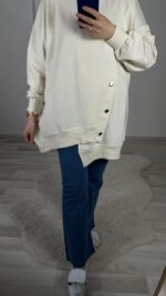 Düğmeli Sweat Oversize - Ekru - Görsel 5